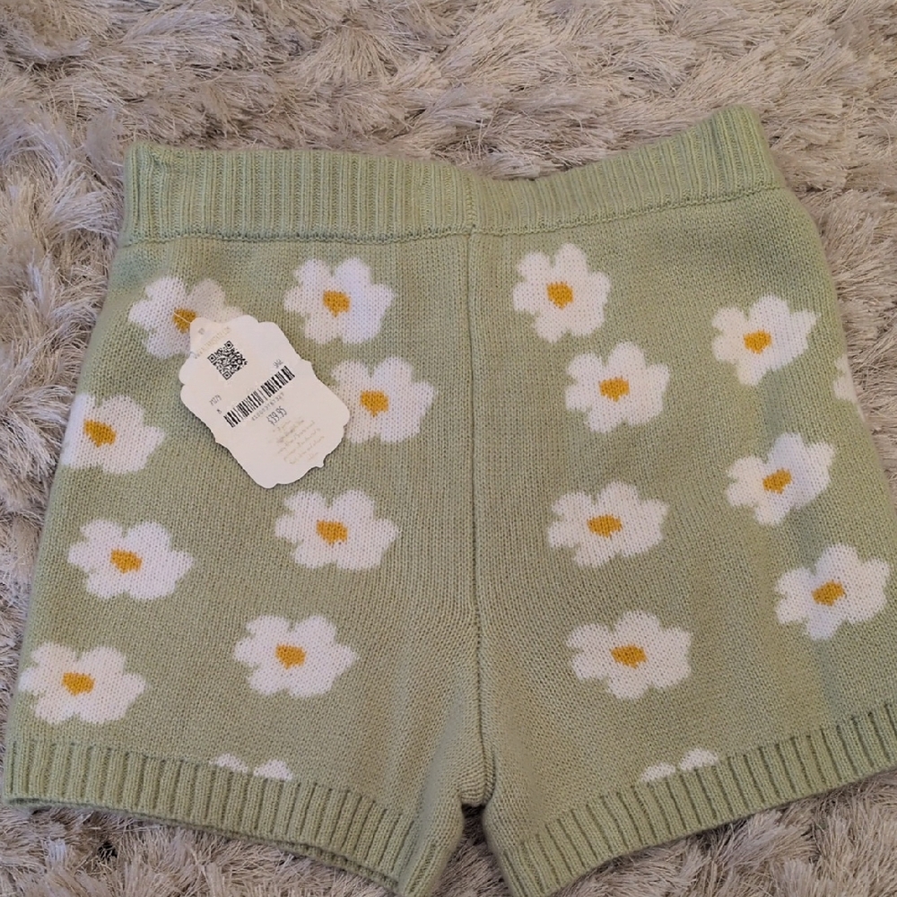 Green Knit Shorts with White Floral Pattern
